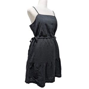 GAP Tiered Mini Dress Black Cotton Square Neck Drawstring Waist Pockets Tall M